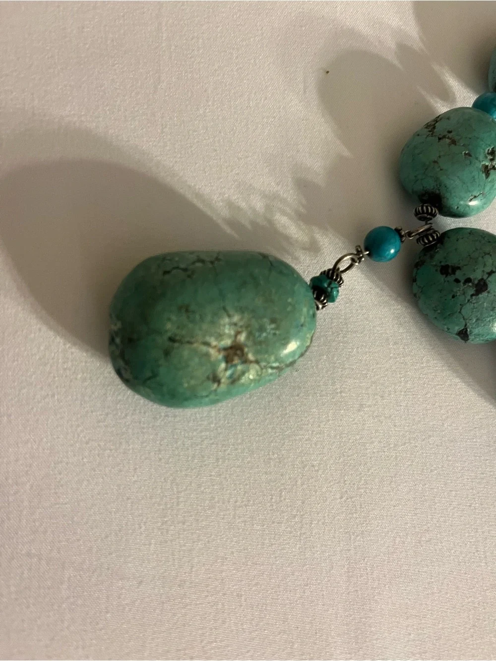 Vintage Turquoise Beaded Necklace with Chunky Focal Stone- dark matrix veining